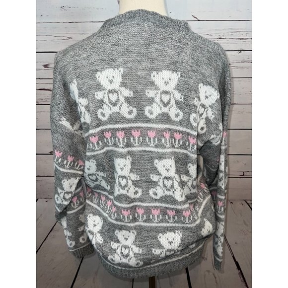 NWT Adele‎ Knitwear Sweater Large Teddy Bears Heart Acrylic USA 80s Vintage Gray - Picture 5 of 10